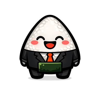 commbini's onigiri mascot in a suit, carrying a briefcase